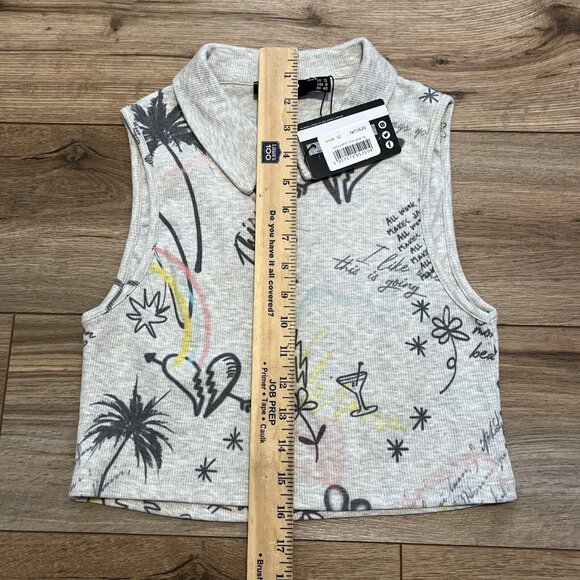 Jaded London Doodle Graffiti Rib Halter Top SZ 8 Gray Crop Collared Stretch Tank - Picture 5 of 7